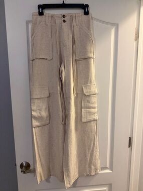 Papermoon Cream Cargo Wide-Leg Pants with Utility Pockets